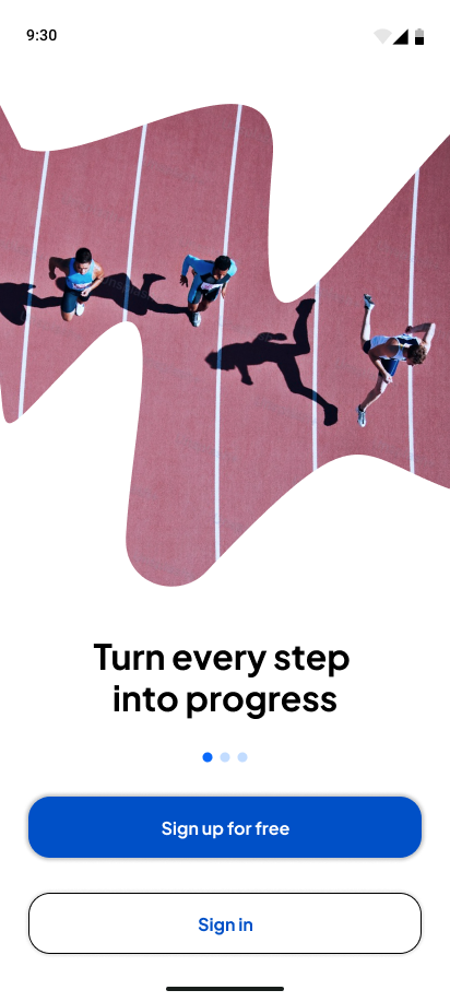 Pacebeats onboarding slide 1 — runners on a track with the headline Turn every step into progress