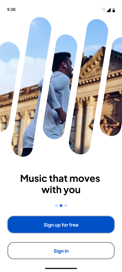 Pacebeats onboarding slide 2 — runner inside vertical music-bar shapes with the headline Music that moves with you