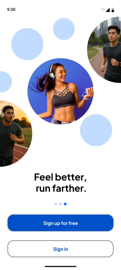 Pacebeats onboarding slide 3 — runners in circular crops with the headline Feel better, run farther