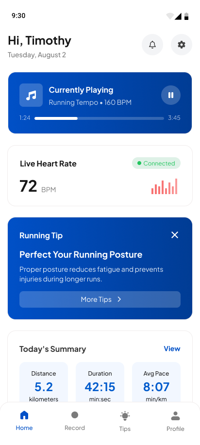 Pacebeats home screen — greeting card, Currently Playing at 160 BPM, Live Heart Rate at 72 BPM, a Running Tip, and Today's Summary showing 5.2 km / 42:15 / 8:07 min/km