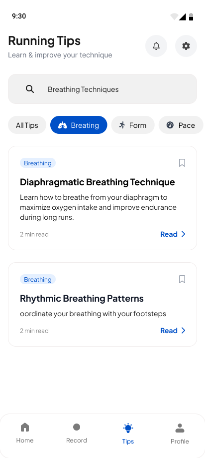 Pacebeats Tips screen — search bar, category filter tabs, and two breathing-technique cards each with a Read action